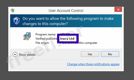 Screenshot where Ivacy Ltd appears as the verified publisher in the UAC dialog